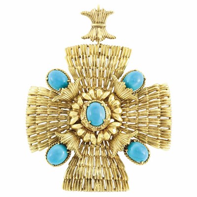 Lot 216 - Gold and Turquoise Maltese Cross Pendant-Brooch