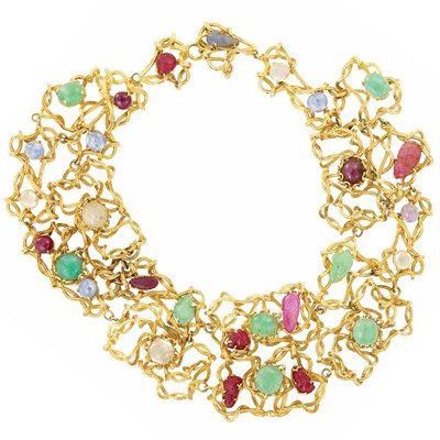 Lot 189 - Gold, Cabochon and Carved Colored Stone Bib Necklace