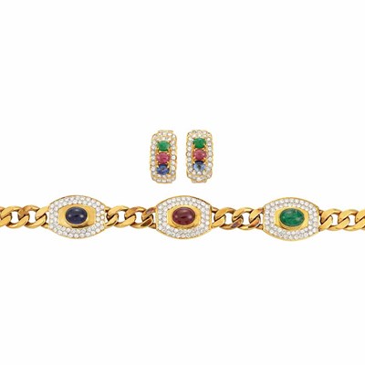 Lot 830 - Two-Color Gold, Cabochon Colored Stone and Diamond Curb Link Chain Necklace and Pair of Hoop Earrings