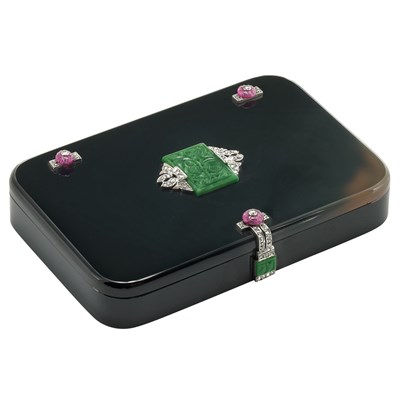 Lot 309 - Art Deco Black Agate, Platinum, Carved Jade and Ruby Bead and Diamond Box, Cartier, France