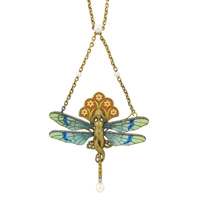 Lot 314 - Art Nouveau Gold, Silver, Plique-a-Jour Enamel, Enamel, Diamond and Pearl Pendant-Necklace, France