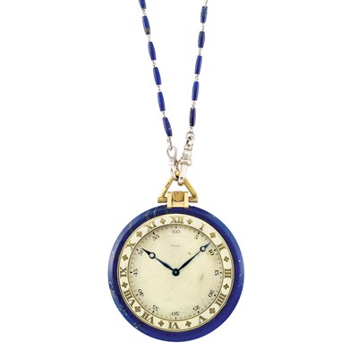 Lot 305 - Gentleman's Gold, Lapis and Enamel Watch, European Watch & Clock Co., Inc., France, with Platinum and Lapis Bead Watch Fob Chain