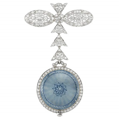 Lot 313 - Belle Epoque Platinum, Diamond and Blue Guilloche Enamel Lapel Watch, Tiffany & Co.