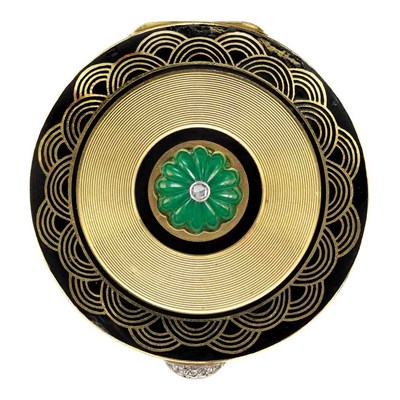 Lot 310 - Art Deco Gold, Platinum, Black Enamel, Fluted Dyed Green Chalcedony and Diamond Rouge Pot, Cartier