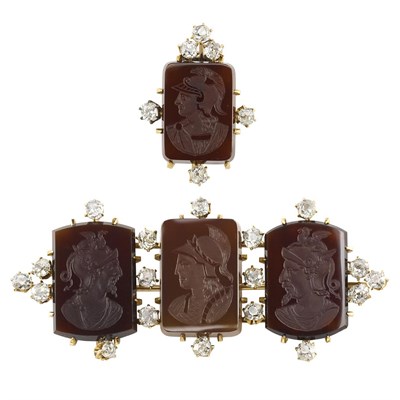 Lot 311 - Two Antique Gold, Carved Agate Intaglio and Diamond Pins