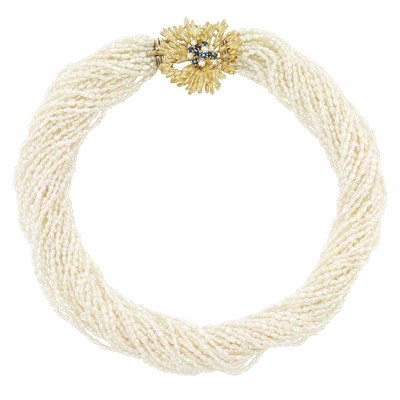 Lot 300 - Thirty-One Strand Freshwater Pearl Torsade Necklace with Gold, Diamond and Sapphire Clasp/Brooch Combination, Buccellati