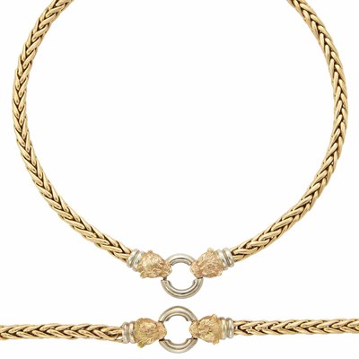 Lot 377 - Two-Color Gold and Diamond Animal Head Necklace and Bracelet