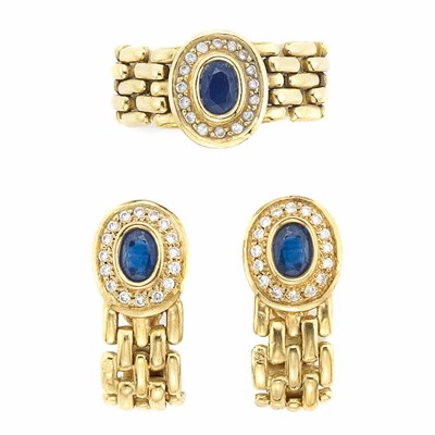 Lot 402 - Pair of Gold, Sapphire and Diamond Earrings and Flexible Chain Ring