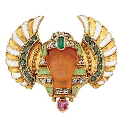 Lot 298 - Egyptian Revival Gold, Carved Carnelian, Diamond and Enamel Pin