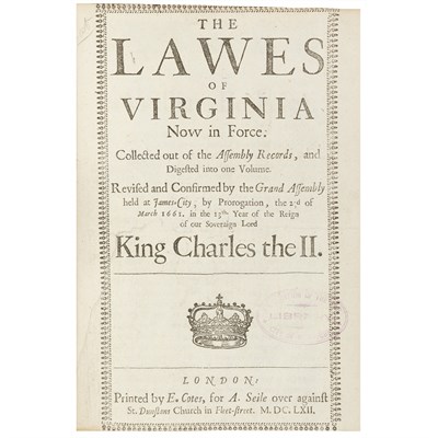 Lot 1 - [VIRGINIA] The lawes of Virginia now in force:...