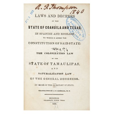 Lot 247 - [TEXAS] KIMBALL, J.P., M.D.--trans. Laws and...