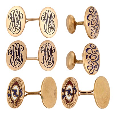 Lot 431 - Three Pairs of Gold and Enamel Cufflinks and Mother-of-Pearl and Seed Pearl Dress Set