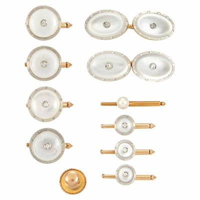Lot 428 - Gold, Platinum, Mother-of-Pearl and Diamond Dress Set and Pearl Stud