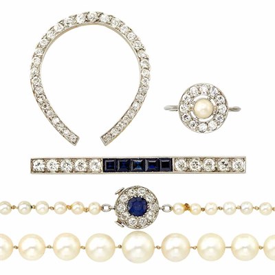 Lot 607 - Cultured Pearl Necklace with Sapphire and Diamond Clasp and Group of Platinum, White Gold, Gold, Diamond and Sapphire Jewelry