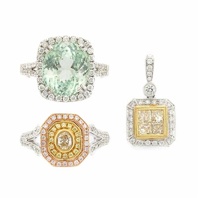 Lot 916 - Two Diamond and Gem-Set Rings and Diamond Pendant