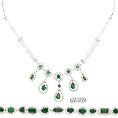 Lot 911 - White Gold, Green Garnet and Diamond Necklace and Bracelet and Diamond Ring