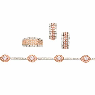 Lot 239 - Pair of Two-Color Gold and Diamond Earrings and Ring and Pink Sapphire and Diamond Bracelet