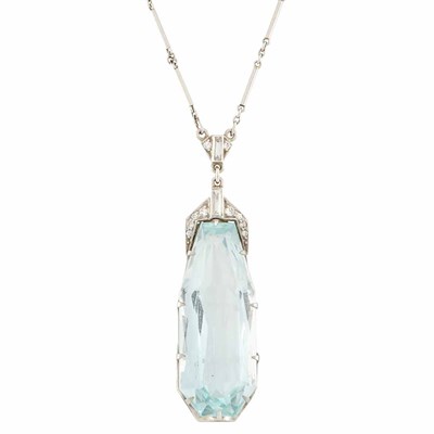 Lot 123 - Platinum, Aquamarine and Diamond Pendant-Necklace