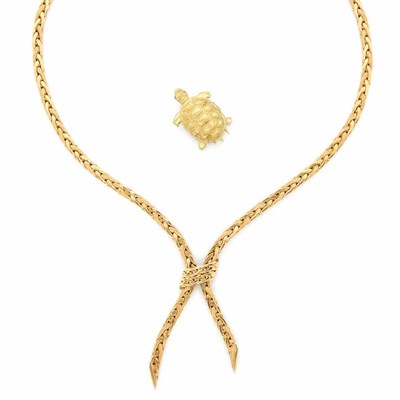 Lot 50 - Gold Lariat Necklace, France, and Gold Turtle Clip-Brooch