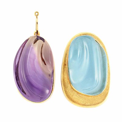 Lot 340 - Gold and Carved Aquamarine Clip-Brooch and Gold and Carved Amethyst Pendant, Burle Marx