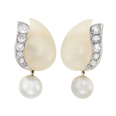Lot 441 - Pair of Platinum, White Gold, Chalcedony, Diamond and Natural Button Pearl Earclips, Suzanne Belperron