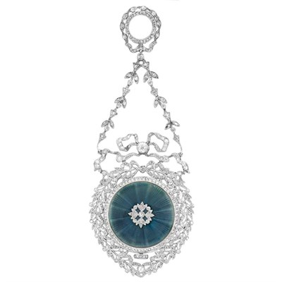 Lot 329 - Belle Epoque Platinum, Diamond and Blue Guilloche Enamel Lapel Watch, Longines