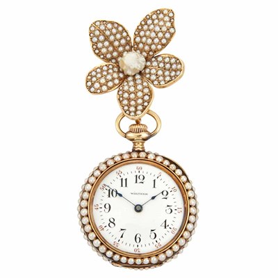 Lot 609 - Antique Gold, Split Pearl, Freshwater Pearl and Diamond Lapel Watch, Waltham