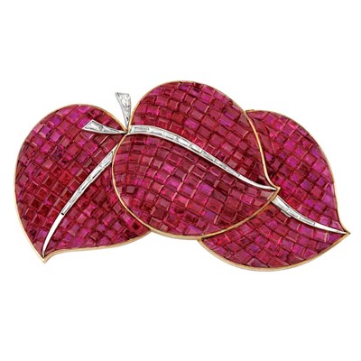Lot 442 - Rose Gold, Platinum, Mystery-Set Ruby and Diamond Leaf Clip-Brooch, Van Cleef & Arpels, France