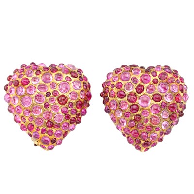 Lot 74 - Pair of Gold and Cabochon Ruby Heart Clip-Brooches, France