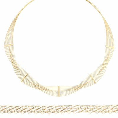Lot 326 - Multistrand Gold Wire Necklace and Gold Wire and Cultured Pearl Necklace
