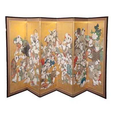 Lot 237 - Japanese Pigment on Paper Six-Panel Screen...