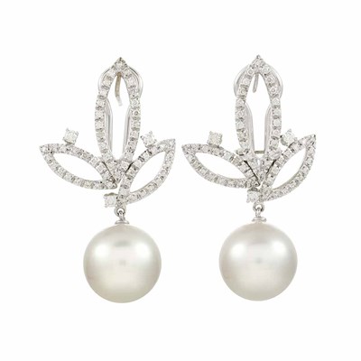 Lot 867 - Pair of White Gold, Diamond and South Sea Cultured Pearl Pendant-Earrings, Elizabeth Taylor Collection