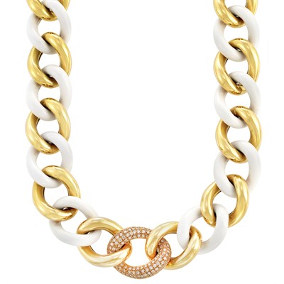 Lot 396 - Gold, White Agate and Diamond Link Necklace
