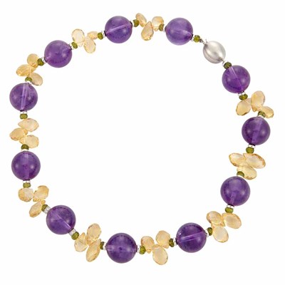 Lot 613 - Amethyst, Citrine Briolette and Peridot Bead, White Gold and Diamond Necklace with White Gold Clasp