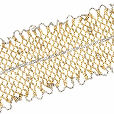 Lot 633 - Two-Color Gold and Diamond Beaded Mesh Cuff Bracelet
