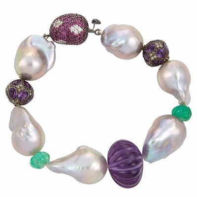 Lot 464 - Gray Baroque Cultured Pearl, Fluted Amethyst and Emerald Bead, Gem-Set and Diamond Bracelet