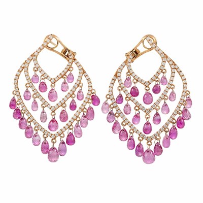 Lot 384 - Pair of Rose Gold, Diamond and Pink Sapphire Briolette Earrings, Piranesi