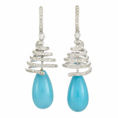 Lot 624 - Pair of White Gold, Diamond and Turquoise Pendant-Earrings