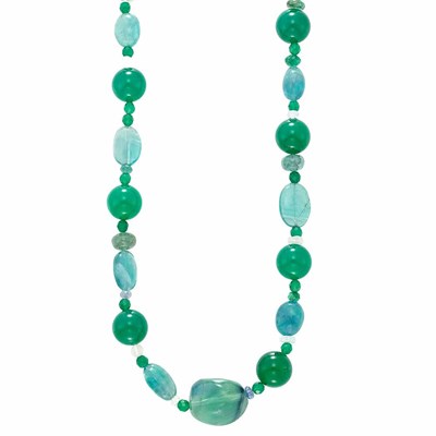 Lot 227 - Long Fluorite, Emerald, Sapphire, Green Onyx and Frosted Rock Crystal Bead Necklace