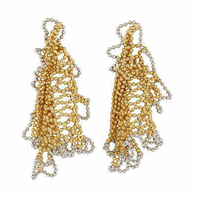 Lot 632 - Pair of Two-Color Gold Beaded Mesh Earrings