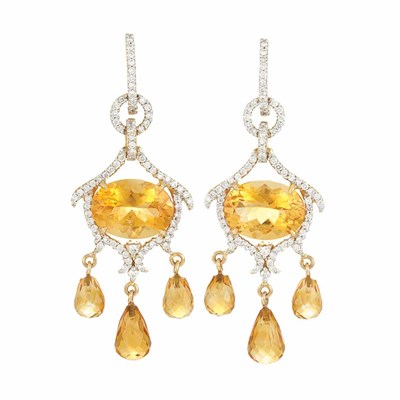 Lot 697 - Pair of Two-Color Gold, Citrine and Diamond Pendant-Earrings