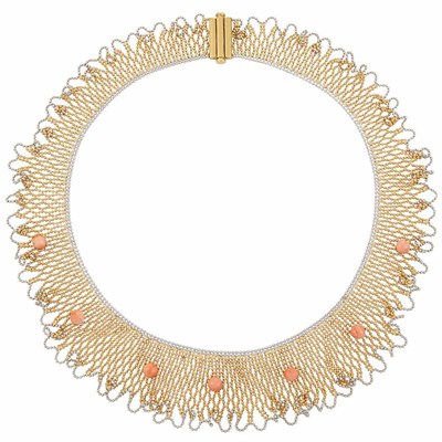 Lot 631 - Two-Color Gold and Coral Beaded Mesh Necklace