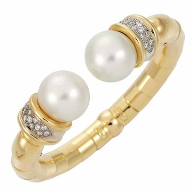 Lot 311 - Gold, South Sea Cultured Pearl and Diamond Bangle Bracelet