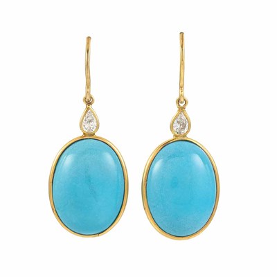 Lot 24 - Pair of Gold, Turquoise and Diamond Pendant-Earrings