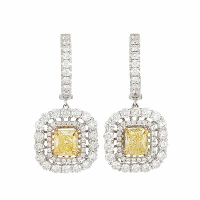 Lot 246 - Pair of White Gold, Fancy Colored Yellow Diamond and Diamond Pendant-Earrings