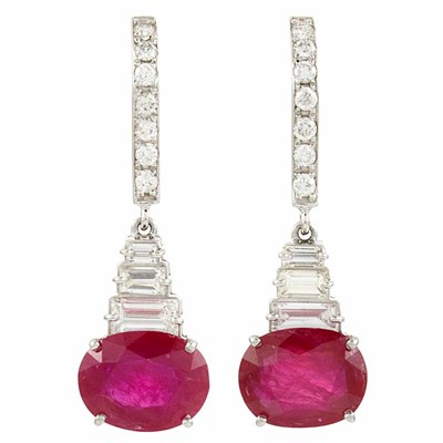 Lot 133 - Pair of Platinum, Ruby and Diamond Pendant-Earrings