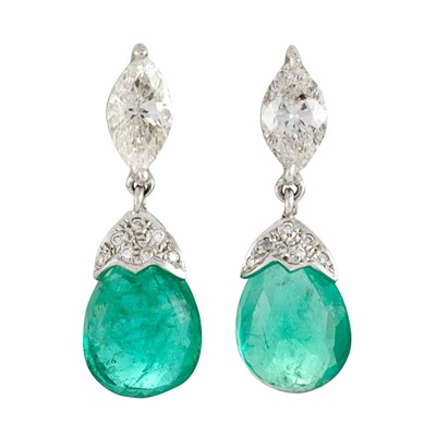Lot 759 - Pair of White Gold, Diamond and Emerald Pendant-Earrings