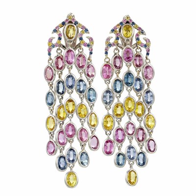Lot 237 - Pair of White Gold and Multicolored Sapphire Fringe Earclips, Piranesi