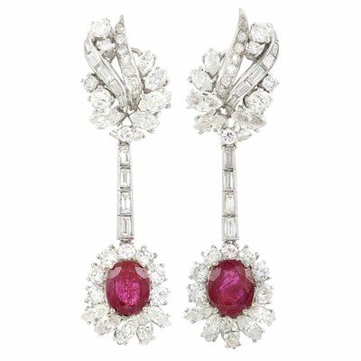 Lot 741 - Pair of Platinum, Diamond and Ruby Pendant-Earrings