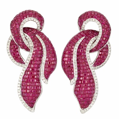 Lot 744 - Pair of White Gold, Invisibly-Set Ruby and Diamond Earrings